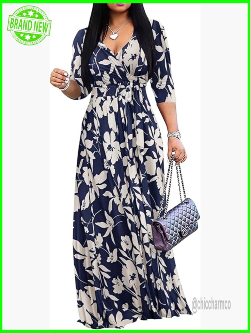 Plus Size Maxi Dress V Neck 3/4 Sleeve Casual Sundress With Pockets